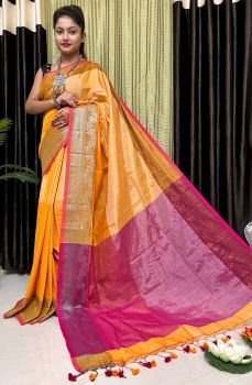 Orange Pure Handloom Tissue Saree From Bengal