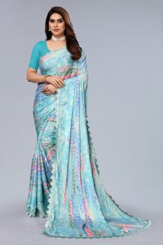 Sky Blue Turkey Silk Printed Saree