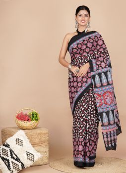 Eastern Blue Block Print Cotton mulmul saree