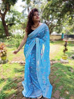 Sky Blue Pure Handloom Dhakai Jamdani Saree From Bengal