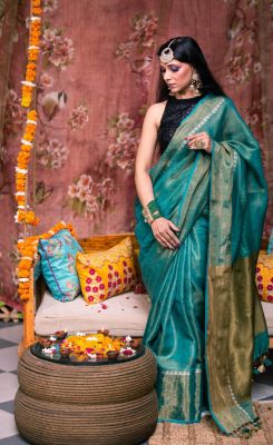 Aqua Blue Pure Handloom Tissue Linen Saree From Bihar