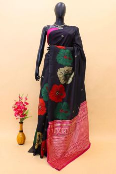 Black Pure Handloom Tassar Ghicha Bapta Silk Flower Design Saree