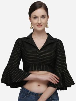 Black Cotton Work Shirt Collar Party Wear Blouse