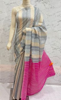 Grey And Cream Kota Silk Flag Stripe Saree From Bhagalpur