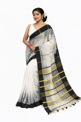 White Black Ikkat Cotton Saree From Bengal