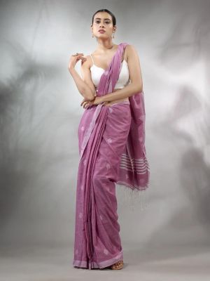 Rose Pink Pure Handloom Cotton Saree From Bengal