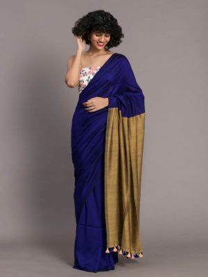 Navy Blue Pure Handloom Cotton Saree From Bengal