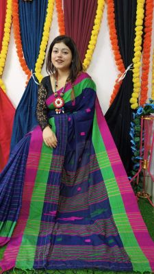 Dark Blue Pure Handloom Cotton Saree From Bengal