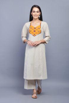 Ivory Striped Hand Embroidered Cotton Kurta With Palazzo