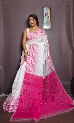 White Pure Handloom Ikkat Jamdani Saree From Bengal