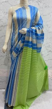 Blue And Lime Green Kota Silk Flag Stripe Saree From Bhagalpur