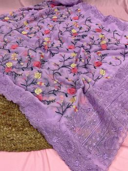 Purple Flower Jal Cutwork Pure Georgette Silk Saree