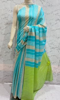 Light Blue And Parrot Green Kota Silk Flag Stripe Saree From Bhagalpur