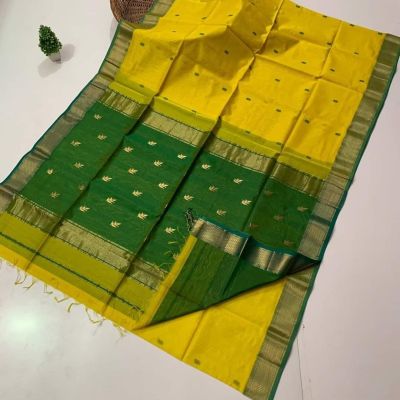 Yellow Green Pure Handloom Maheshwari Silk Cotton Saree From Bengal