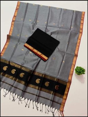 Gray Pure Handloom Meheshwari Silk Saree From Bengal