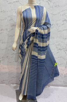 Cream And Blue Kota Silk Flag Stripe Saree From Bhagalpur