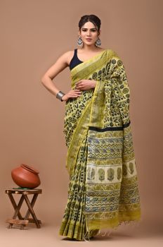 Olive Green Pure Handloom Linen Cotton Saree From Bihar
