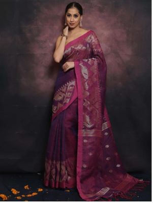 Wine Berry Pure Handloom Linen By Linen Saree From Bengal