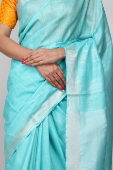 Sky Blue Hand Woven Plain Linen Saree