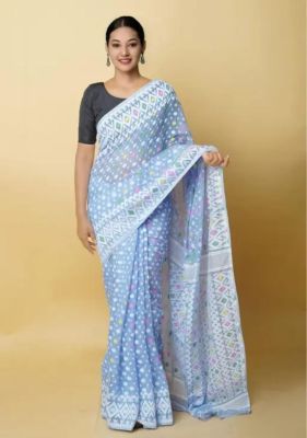 Sky Blue Pure Handloom Dhakai Jamdani Saree From Bengal