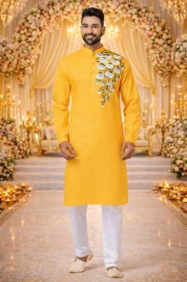 Ethnic Yellow Cotton Printed Kurta Pyjama Set Perfect Festive & Wedding Traditional Outfit From Bengal