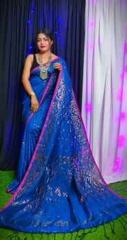 Blue Buti Design Pure Handloom Jamdani Cotton Saree