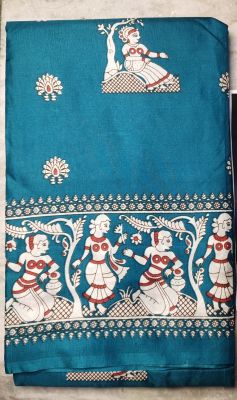 Teal Blue Pure Handloom Maheshwari Silk Cotton Saree From Bengal