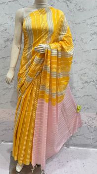 Saffron Yellow Kota Silk Flag Stripe Saree From Bhagalpur