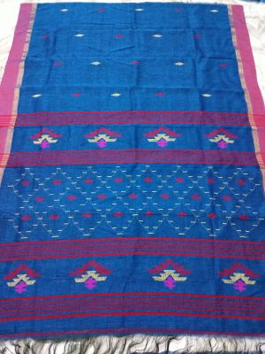 Royal Blue Pure Handloom Linen By Linen Saree From Bengal