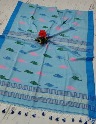 Sky Blue Pure Handloom Cotton Saree From Bengal