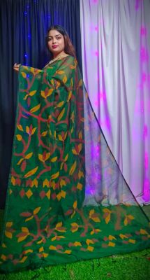 Bottle Green Pure Handloom Dhakai Jamdani Saree From Bengal