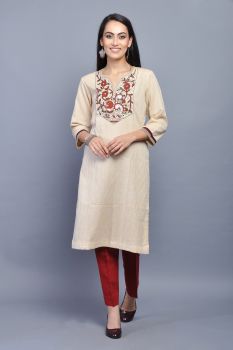 Beige Hand Painted Cotton Kurta