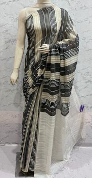 Black And Grey Kota Silk Flag Stripe Saree From Bhagalpur