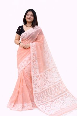 Cream Dhakai Jamdani Pure Handloom Cotton Saree From Bengal
