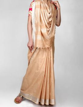Beige Hand Woven Plain Linen Saree