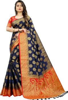 Blue Orange Pure Handloom Silk Cotton Saree From Banaras