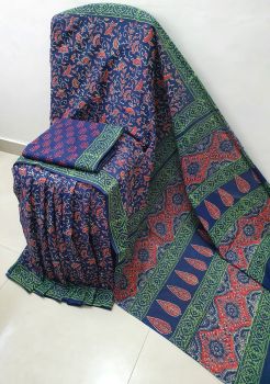 Navy Blue Hand Block Printed Work Saree