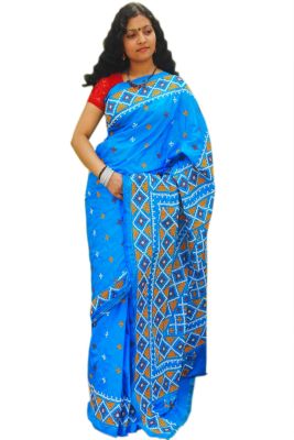 Sky Blue Pure Handloom Kantha Stitch Saree From Bengal