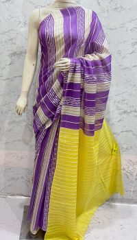 Purple And Yellow Kota Silk Flag Stripe Saree From Bhagalpur