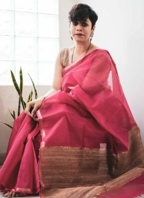 Dark Pink Pure Handloom Silk Cotton Saree From Bengal