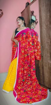 Pink and Yellow Pure Handloom Flower Design Saree