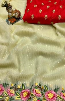 Light Yellow Chiffon With Sequence Embroidery Work Saree From Banaras