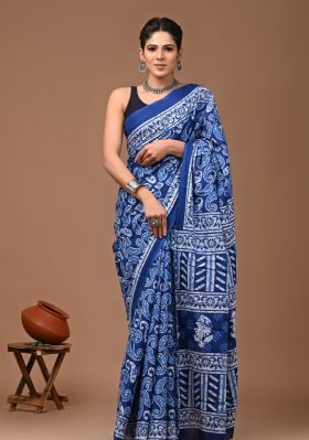 Navy Blue Pure Handloom Mulmul Saree From Bengal