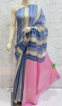 Light Blue Kota Silk Flag Stripe Saree From Bhagalpur