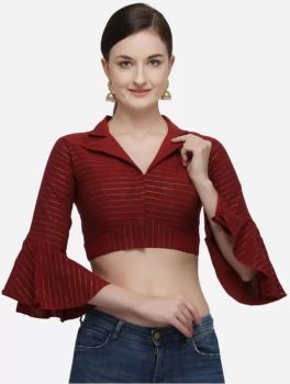 Maroon Cotton Work Shirt Collar Party Wear Blouse