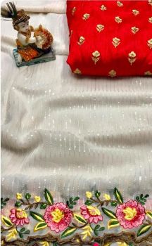 White Chiffon With Sequence Embroidery Work Saree From Banaras