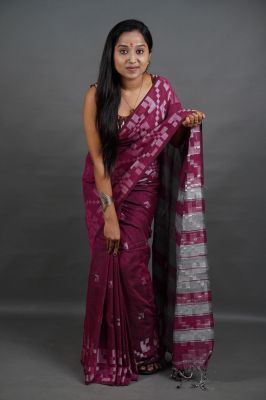 Dark Purple Pure Handloom Cotton Saree From Bengal