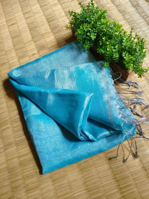 Teal Blue Pure Handloom Linen Tissue Saree From Bengal