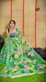 Light Green Hand Printed Pure Handloom Organza Saree