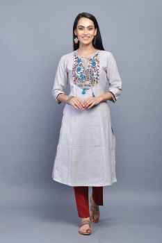 Light Grey Straight Kurta with Hand Painted Yoke